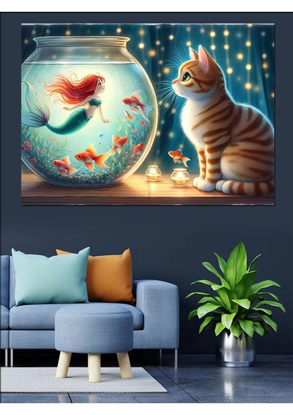 Balık Akvaryumu Deniz Kızı ve Kedi Dekoratif Tablo fiyatları