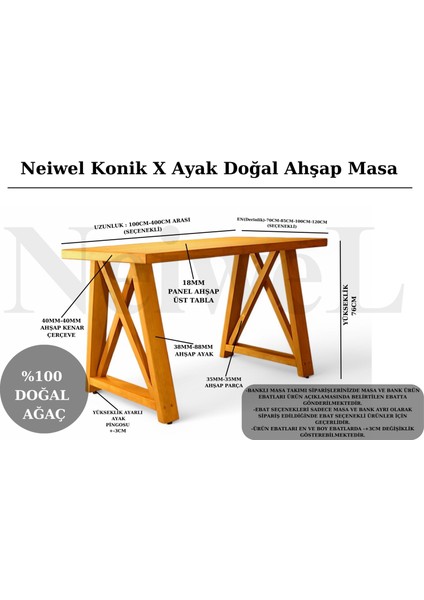 Wedel Doğal Ahşap Çalışma ve Ofis MASASI-70 cm -100 cm