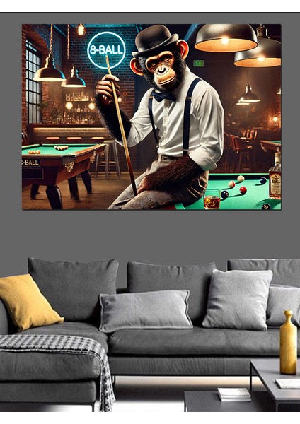 Bilardo Oynayan Şapkalı Maymun Dekoratif Tablo fırsatları