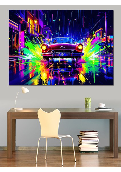 Neon Işıklar ve Klasik Araba Dekoratif Tablo