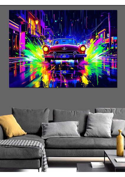 Neon Işıklar ve Klasik Araba Dekoratif Tablo