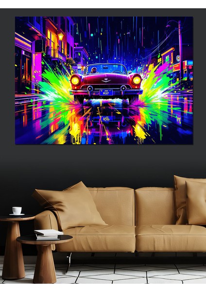 Neon Işıklar ve Klasik Araba Dekoratif Tablo
