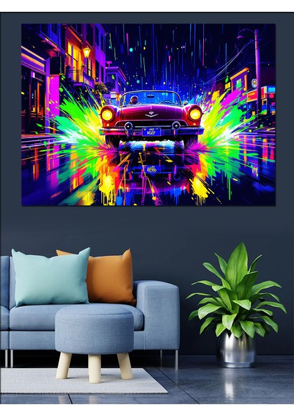 Neon Işıklar ve Klasik Araba Dekoratif Tablo