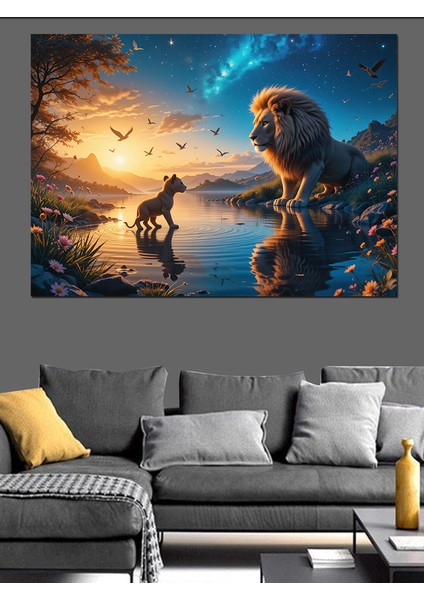 Aslan ve Gün Batımı Dekoratif Tablo