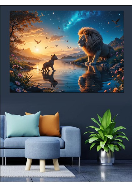 Aslan ve Gün Batımı Dekoratif Tablo modelleri