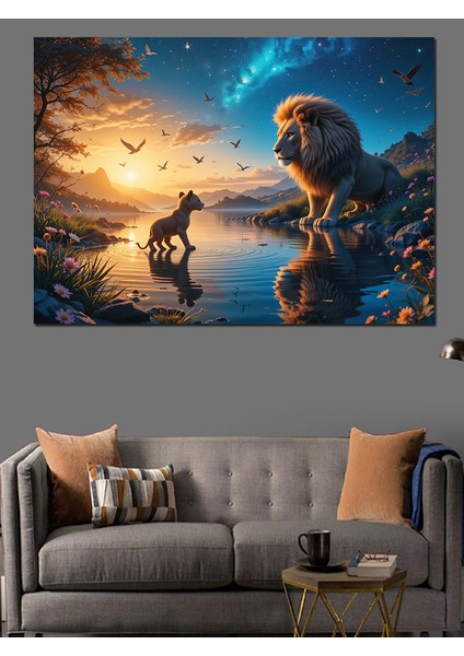 Aslan ve Gün Batımı Dekoratif Tablo fırsatları