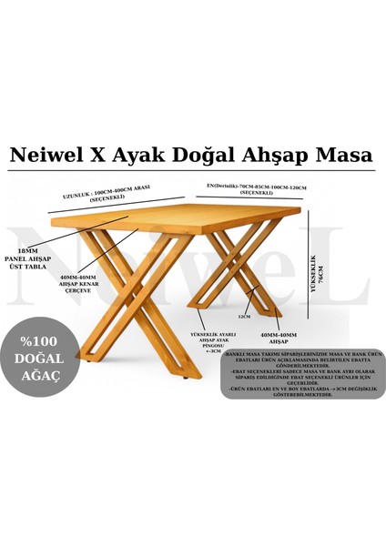 Riva Doğal Ahşap Çalışma ve Ofis MASASI-70 cm -140 cm