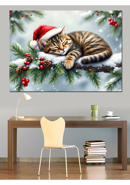 Noel Şapkalı Uykucu Kedi Dekoratif Tablo fiyatları