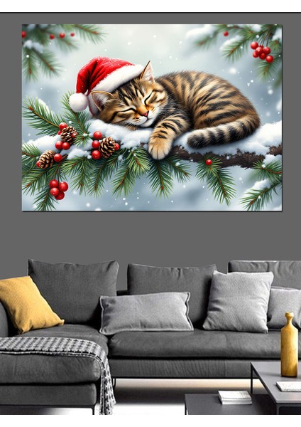 Noel Şapkalı Uykucu Kedi Dekoratif Tablo modelleri