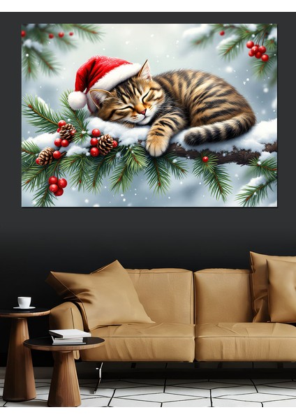 Noel Şapkalı Uykucu Kedi Dekoratif Tablo fırsatları
