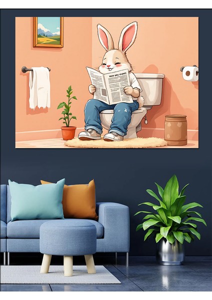 Tuvalette Tavşan Karikatürü Dekoratif Tablo