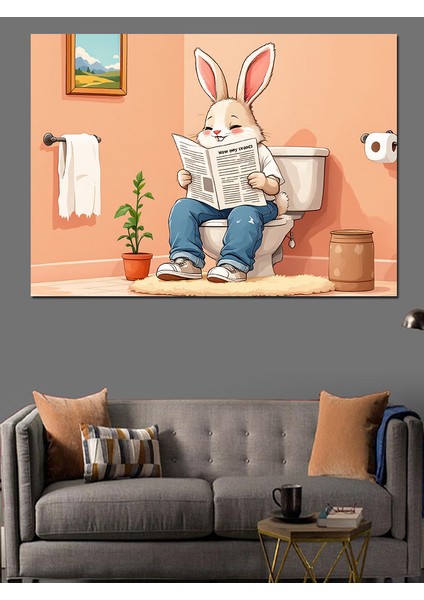 Tuvalette Tavşan Karikatürü Dekoratif Tablo