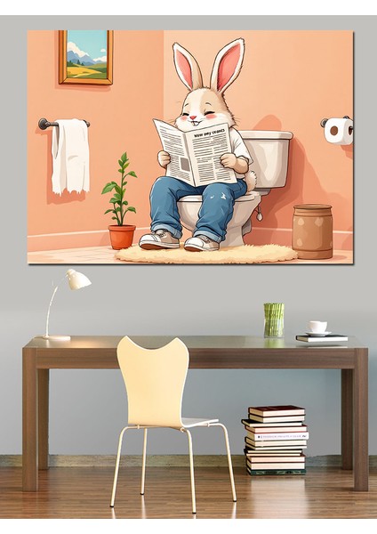 Tuvalette Tavşan Karikatürü Dekoratif Tablo