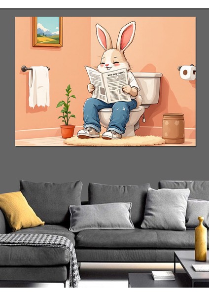 Tuvalette Tavşan Karikatürü Dekoratif Tablo