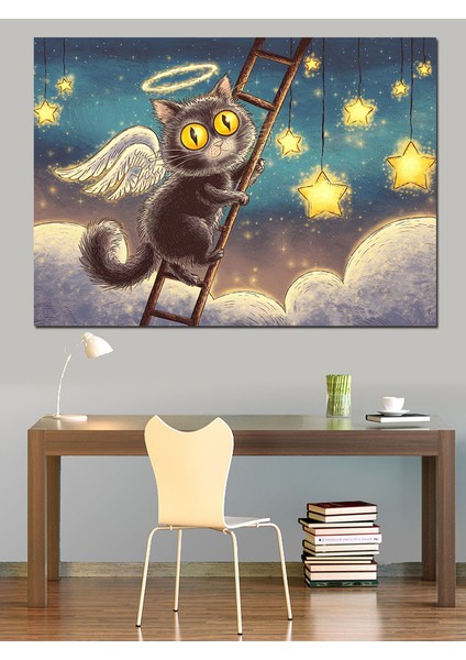 Merdivene Tırmanan Melek Kanatlı Kedi Dekoratif Tablo fiyatları
