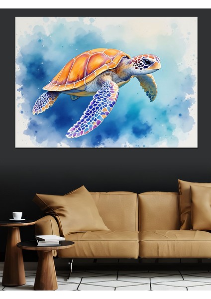 Renkli Desenli Deniz Kaplumbağası Dekoratif Tablo