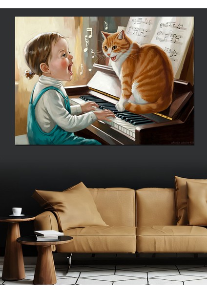 Piyano Çalan Çocuk ve Kedi Dekoratif Tablo