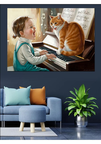 Piyano Çalan Çocuk ve Kedi Dekoratif Tablo fiyatları