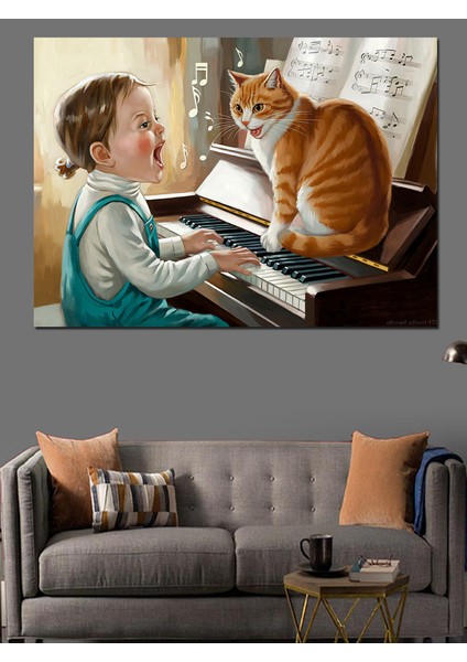Piyano Çalan Çocuk ve Kedi Dekoratif Tablo modelleri