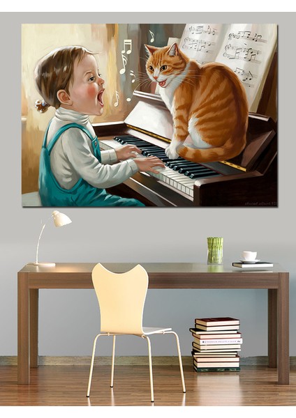 Piyano Çalan Çocuk ve Kedi Dekoratif Tablo fırsatları