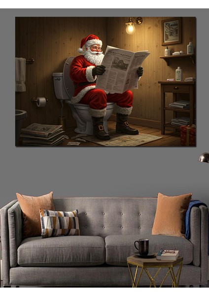 Tuvalette Gazete Okuyan Noel Baba Dekoratif Tablo