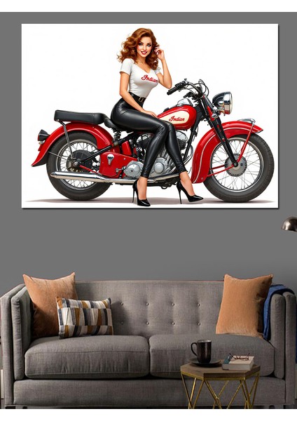 Retro Motosikletli Kadın Dekoratif Tablo modelleri