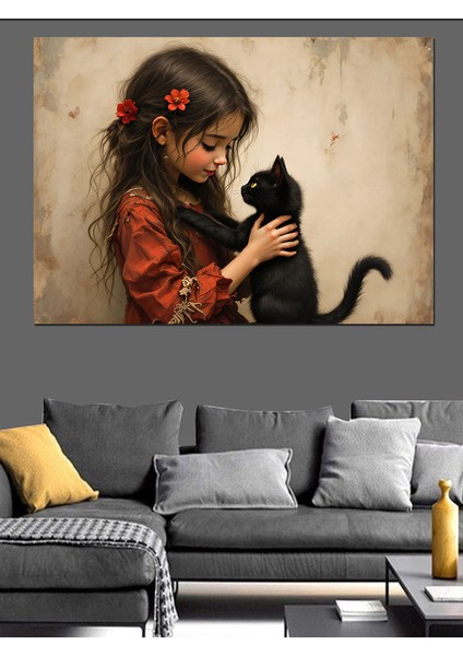 Kedi Seven Kız Dekoratif Tablo