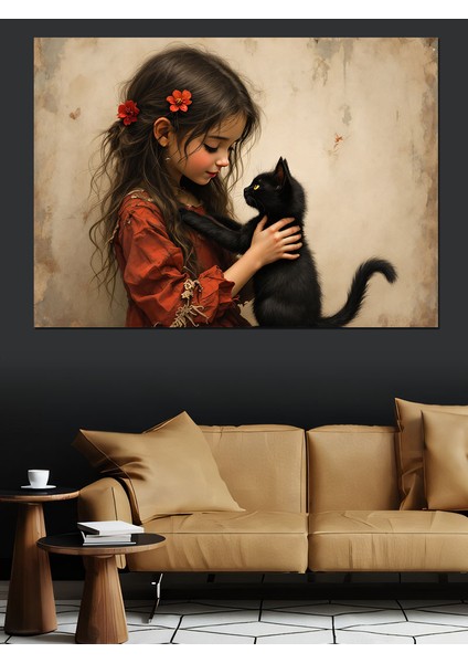Kedi Seven Kız Dekoratif Tablo fiyatları