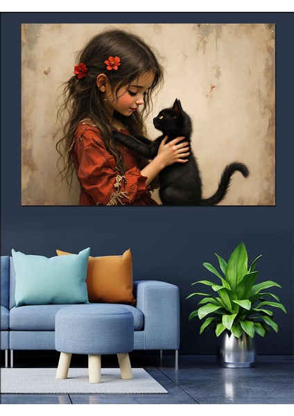 Kedi Seven Kız Dekoratif Tablo modelleri