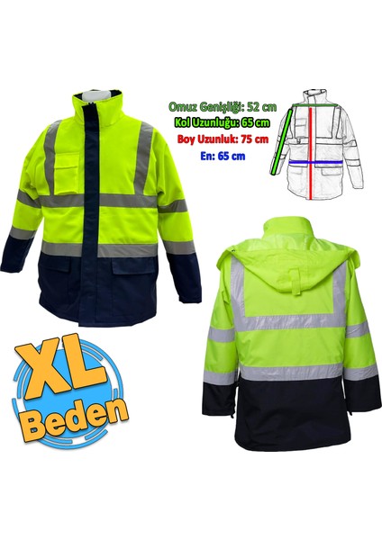 Cepli Reflektif Xl Beden Fosforlu Fermuarlı Kaban Kapüşonlu Parka Sarı Lacivert Kaban İşçi Parkası