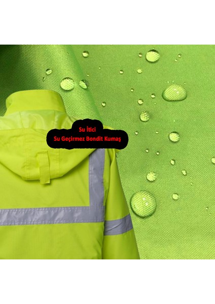 Cepli Reflektif Xl Beden Fosforlu Fermuarlı Kaban Kapüşonlu Parka Sarı Lacivert Kaban İşçi Parkası