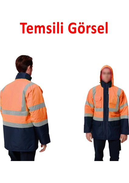 Cepli Reflektif L Beden Fosforlu Fermuarlı Kaban Kapüşonlu Parka Turuncu Lacivert Kaban İşçi Parkası