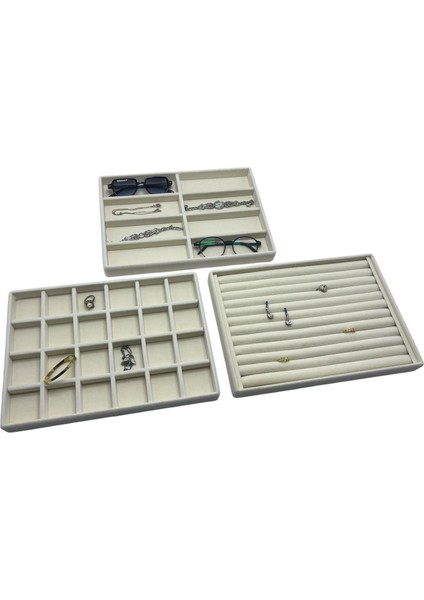 Yerli Üretim Süet Kumaş Krem Renk 34/24 cm 3'lü Takım Çekmece İçi Takı Tablası modelleri