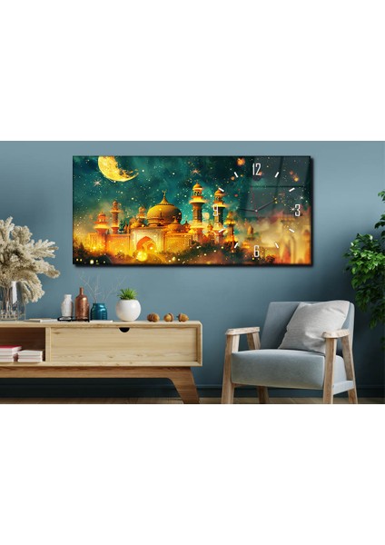 Yatay Yandan Saatli Dini Temalı Cam Tablo YSYD082