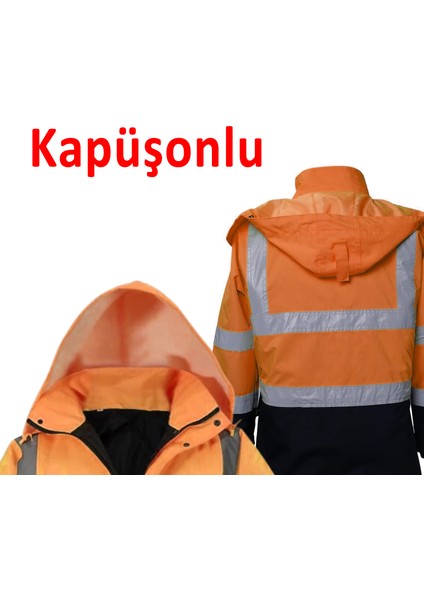 Cepli Reflektif S Beden Fosforlu Fermuarlı Kaban Kapüşonlu Parka Turuncu Lacivert Kaban İşçi Parkası