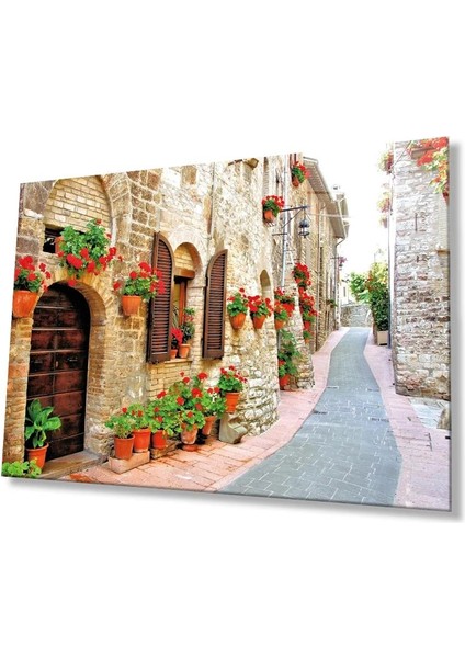 Çiçekli Sokak Cam Tablo 4mm Dayanıklı Temperli Cam, Flower Streets Glass Wall Decor