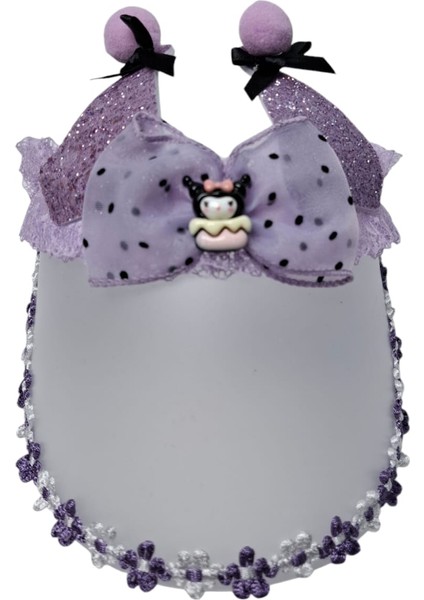 Kız Çocuk Mor Renk Simli Kedi Kulak ve Saten Kumaş Fiyonk Süs.mine Kap. Kuromi Figürlü Simli Şapka Siperlik Taç Toka