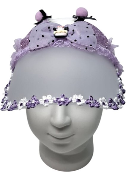 Kız Çocuk Mor Renk Simli Kedi Kulak ve Saten Kumaş Fiyonk Süs.mine Kap. Kuromi Figürlü Simli Şapka Siperlik Taç Toka modelleri