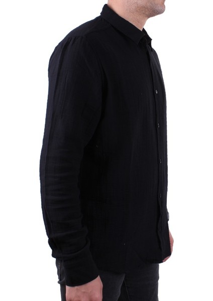 DMG23-121362 Siyah Günlük Müslin Normal Kalıp Uzun Kol Erkek Gömlek
