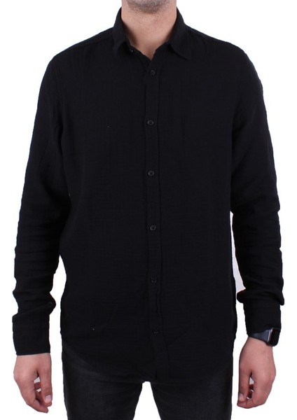 DMG23-121362 Siyah Günlük Müslin Normal Kalıp Uzun Kol Erkek Gömlek fiyatları