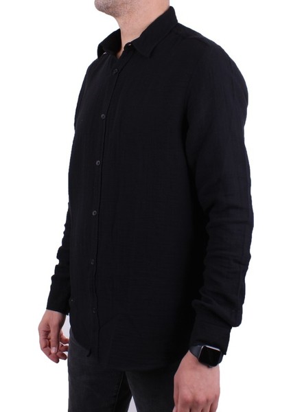 DMG23-121362 Siyah Günlük Müslin Normal Kalıp Uzun Kol Erkek Gömlek modelleri