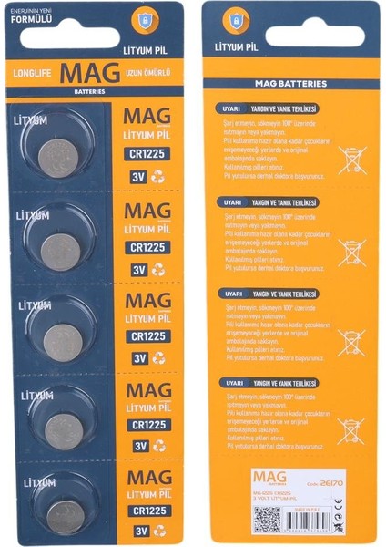 MG-1225 CR1225 3 Volt Lityum Pil (5'li Blister Paket)