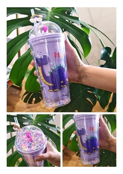 Pipetli Suluk Karakter Figürlü Sevimli Dino Temalı Çift Katman 450 ml Suluk Pipetli Matara Mor 2769