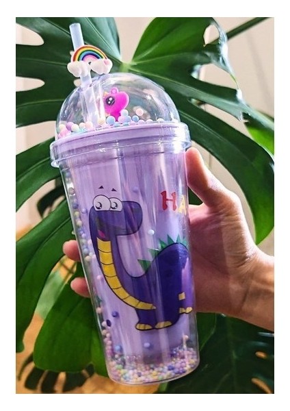 Pipetli Suluk Karakter Figürlü Sevimli Dino Temalı Çift Katman 450 ml Suluk Pipetli Matara Mor 2769