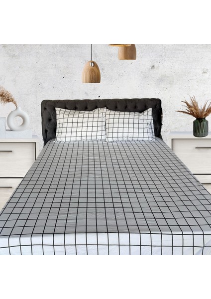 Çizgili Saten Premium Çift Kişilik Çarşaf Seti (%100 Pamuk); Lastikli Çarşaf + Yastık Kılıfı