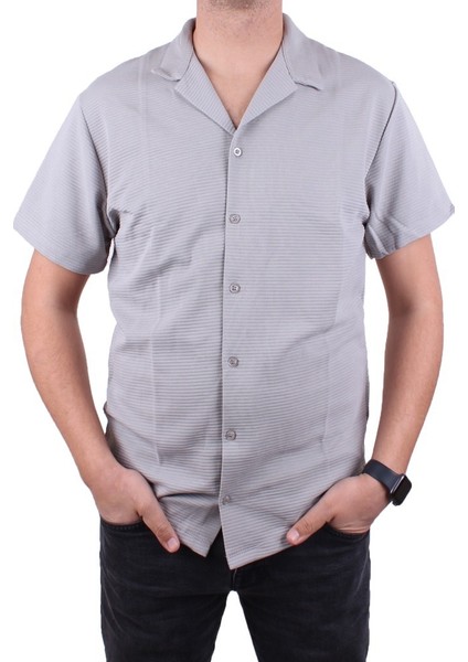 DMG23-199598 Gri Ottoman Örme Apaj Yaka Oversize Kalıp Kısa Kol Erkek Gömlek fiyatları