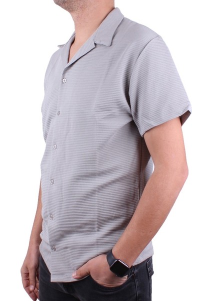 DMG23-199598 Gri Ottoman Örme Apaj Yaka Oversize Kalıp Kısa Kol Erkek Gömlek modelleri