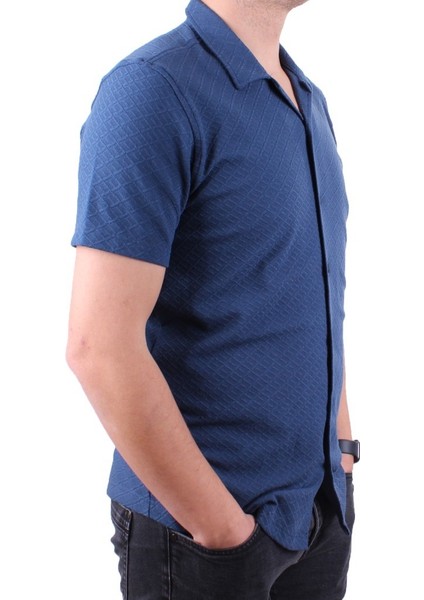 DMG23-118381 Siyah Örme Apaj Yaka Dar Kalıp Kısa Kol Erkek Gömlek