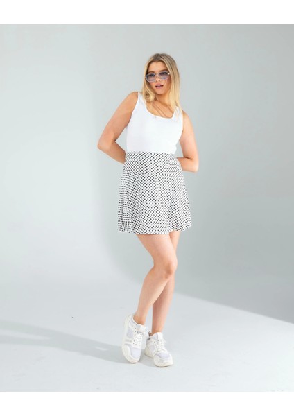 Beyaz Mini Puantiye Desenli Şort Etek