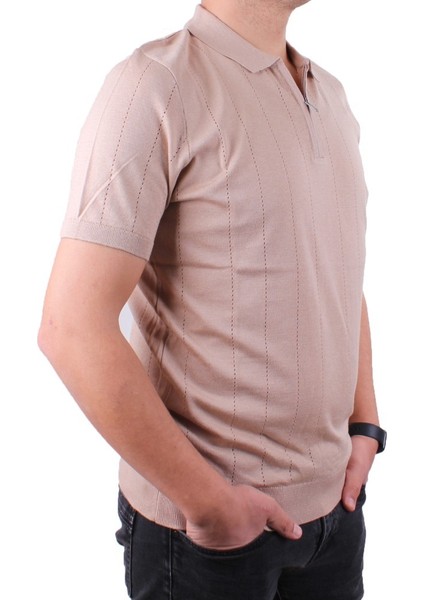 DMG23-511228 Bej Günlük Fermuarlı Polo Yaka Erkek Tişört